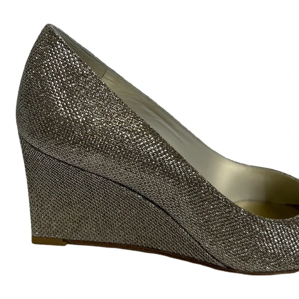 Stuart Weitzman Wedge Womens‎ 8.5 Gold Glitter Peep Toe Pump Formal Dress Shoes